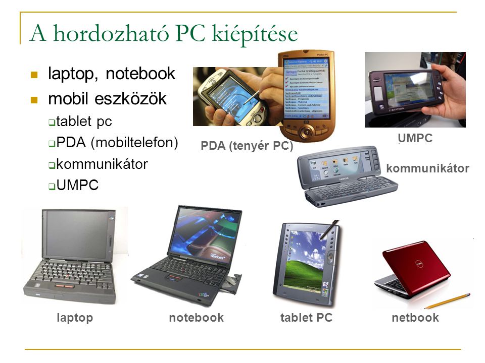  laptop, notebook  mobil eszközök  tablet pc  PDA (mobiltelefon)  kommunikátor  UMPC A hordozható PC kiépítése laptop PDA (tenyér PC) netbooknotebook UMPC tablet PC kommunikátor