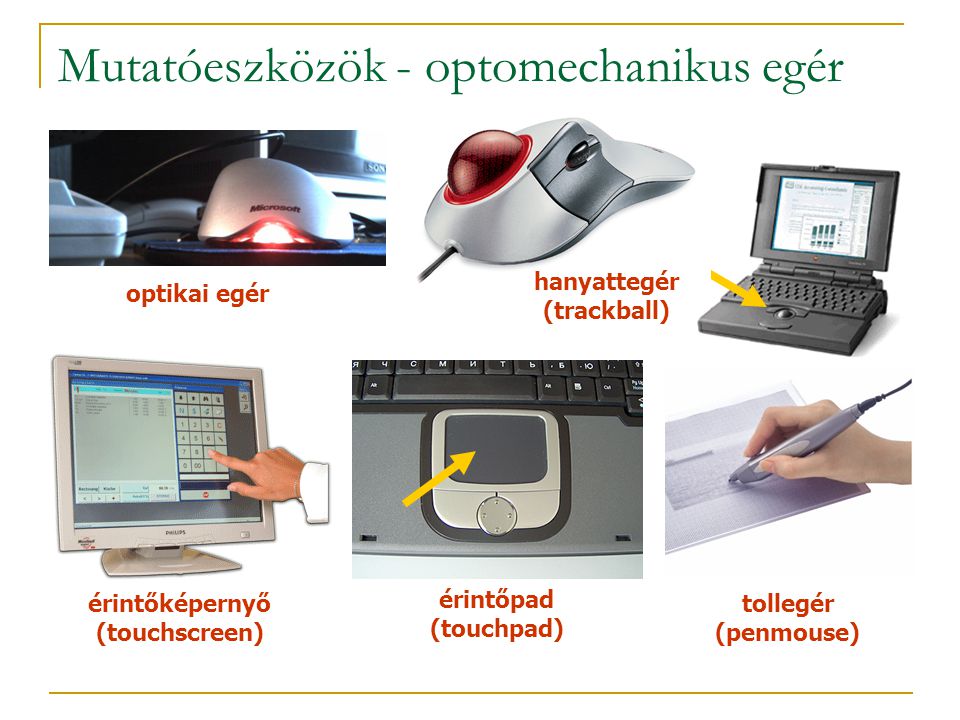 Mutatóeszközök - optomechanikus egér érintőképernyő (touchscreen) érintőpad (touchpad) tollegér (penmouse) optikai egér hanyattegér (trackball)