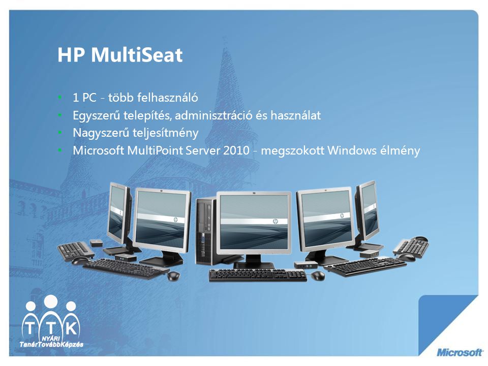 HP MultiSeat • 1 PC - több felhasználó • Egyszerű telepítés, adminisztráció és használat • Nagyszerű teljesítmény • Microsoft MultiPoint Server megszokott Windows élmény