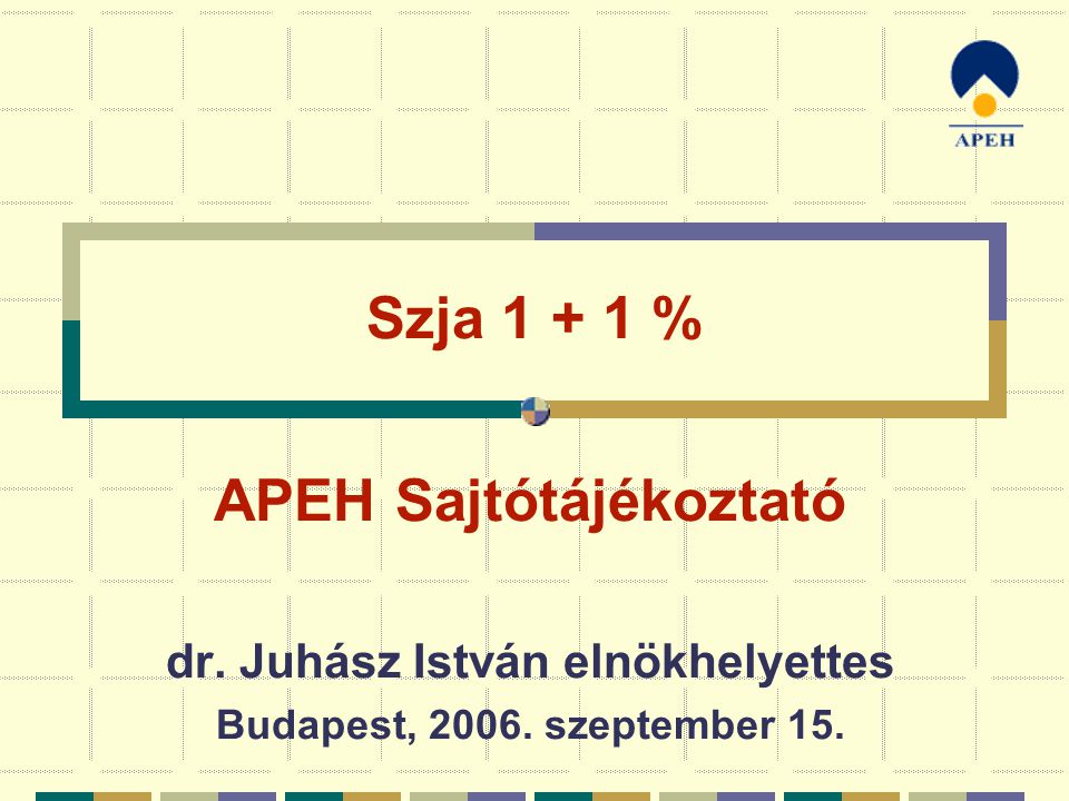 Szja % APEH Sajtótájékoztató dr. Juhász István elnökhelyettes Budapest, szeptember 15.
