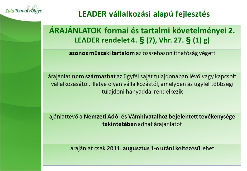 ÁRAJÁNLATOK formai és tartalmi követelményei 2. LEADER rendelet 4.