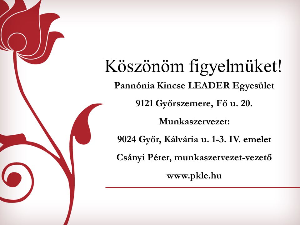 Köszönöm figyelmüket. Pannónia Kincse LEADER Egyesület 9121 Győrszemere, Fő u.