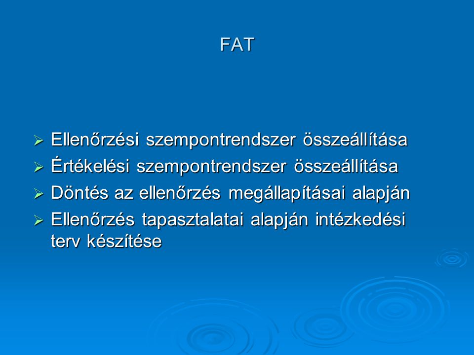 FAT  Ellenőrzési szempontrendszer összeállítása  Értékelési szempontrendszer összeállítása  Döntés az ellenőrzés megállapításai alapján  Ellenőrzés tapasztalatai alapján intézkedési terv készítése