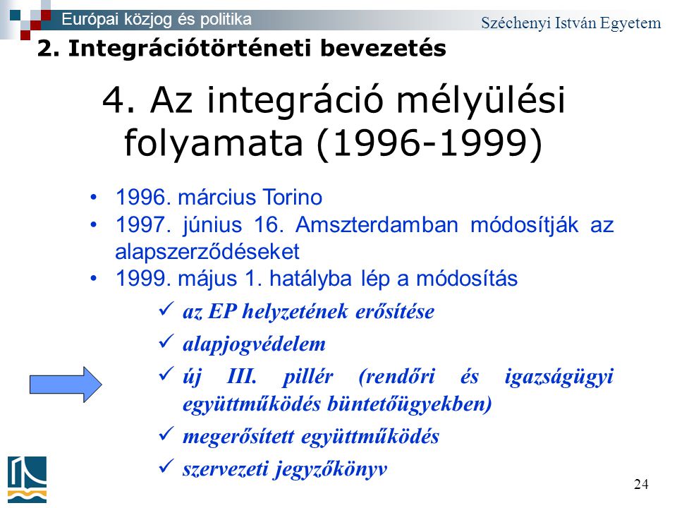 Széchenyi István Egyetem Az integráció mélyülési folyamata ( ) •1996.