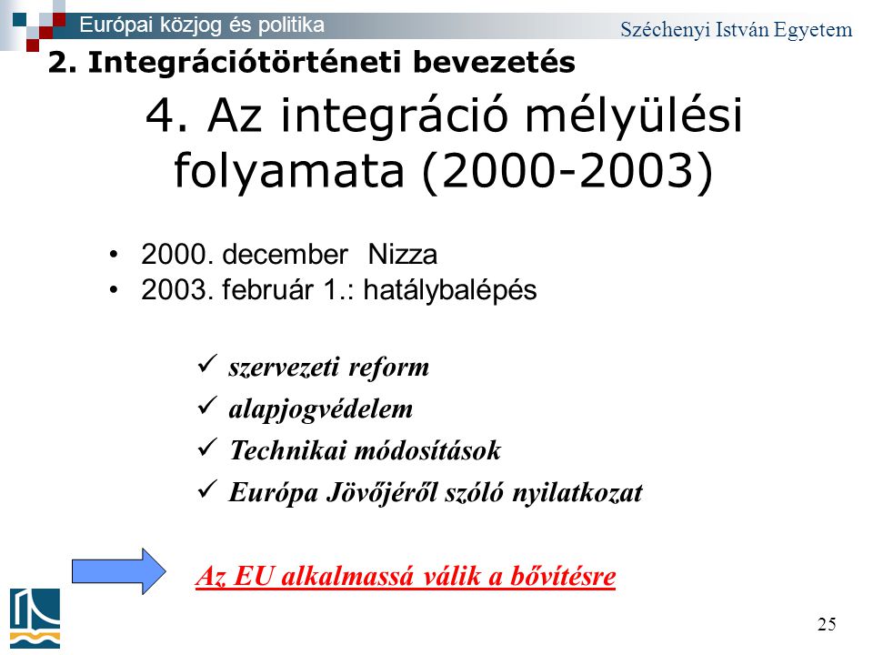Széchenyi István Egyetem Az integráció mélyülési folyamata ( ) •2000.