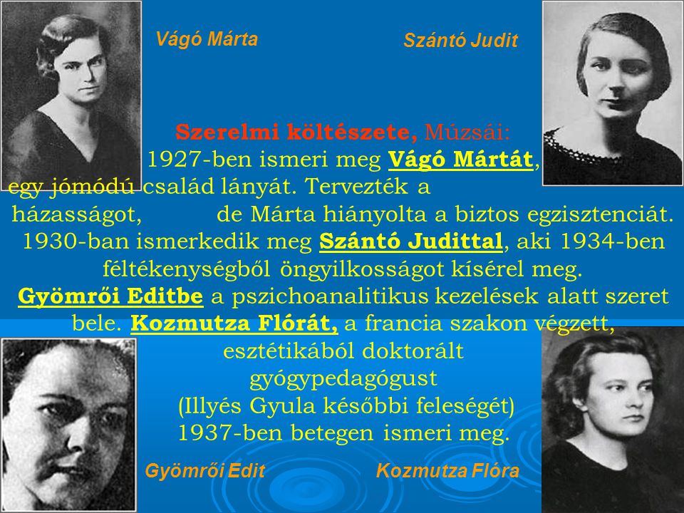 Vágó Márta Szántó Judit Gyömrői EditKozmutza Flóra Szerelmi költészete, Múzsái: 1927-ben ismeri meg Vágó Mártát, egy jómódú család lányát.
