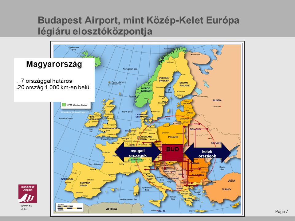 d.hu Page 7  BUD Magyarország  7 országgal határos  20 ország km-en belül Budapest Airport, mint Közép-Kelet Európa légiáru elosztóközpontja nyugati országok keleti országok