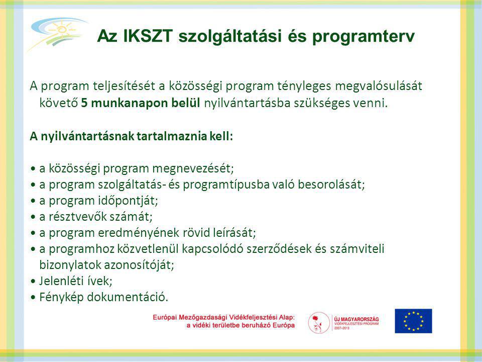Az IKSZT szolgáltatási és programterv A program teljesítését a közösségi program tényleges megvalósulását követő 5 munkanapon belül nyilvántartásba szükséges venni.