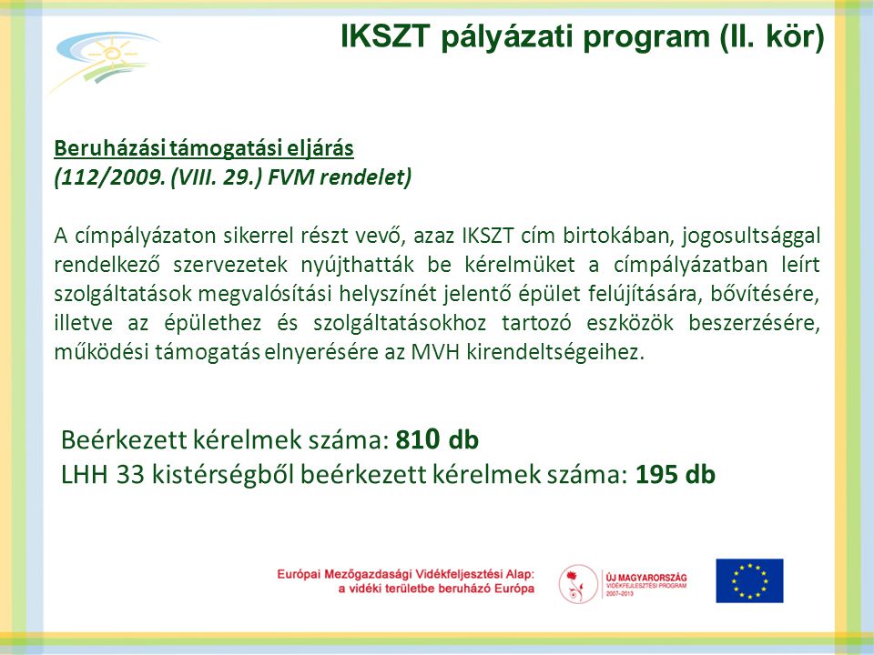 IKSZT pályázati program (II. kör) Beruházási támogatási eljárás (112/2009.