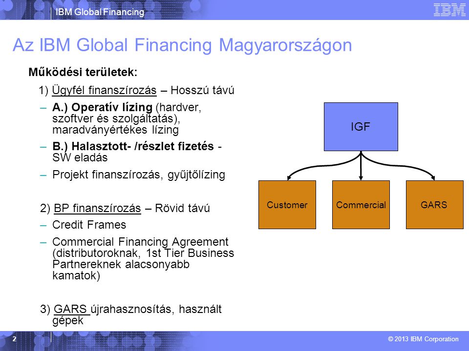 IBM Global Financing © 2013 IBM Corporation 2 Az IBM Global Financing Magyarországon Működési területek: 1) Ügyfél finanszírozás – Hosszú távú –A.) Operatív lízing (hardver, szoftver és szolgáltatás), maradványértékes lízing –B.) Halasztott- /részlet fizetés - SW eladás –Projekt finanszírozás, gyűjtőlízing 2) BP finanszírozás – Rövid távú –Credit Frames –Commercial Financing Agreement (distributoroknak, 1st Tier Business Partnereknek alacsonyabb kamatok) 3) GARS újrahasznosítás, használt gépek IGF CommercialCustomerGARS