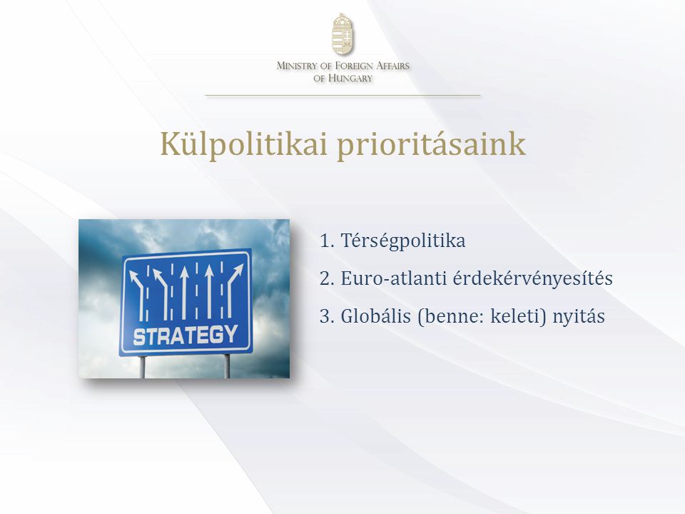 Külpolitikai prioritásaink 1.Térségpolitika 2.Euro-atlanti érdekérvényesítés 3.Globális (benne: keleti) nyitás