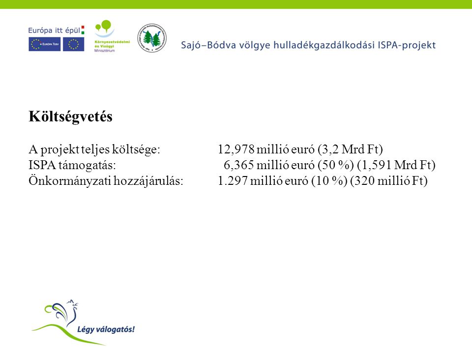 Költségvetés A projekt teljes költsége: 12,978 millió euró (3,2 Mrd Ft) ISPA támogatás: 6,365 millió euró (50 %) (1,591 Mrd Ft) Önkormányzati hozzájárulás:1.297 millió euró (10 %) (320 millió Ft)