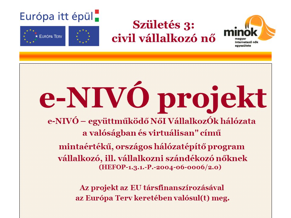 e-NIVÓ projekt e-NIVÓ – együttműködő NőI VállalkozÓk hálózata a valóságban és virtuálisan című mintaértékű, országos hálózatépítő program vállalkozó, ill.