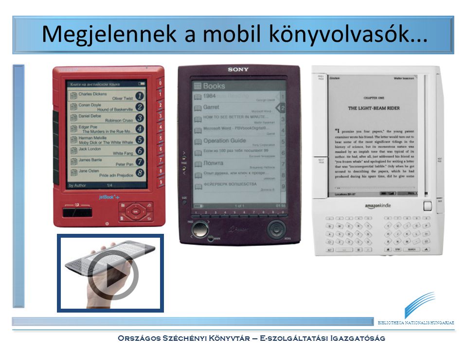 BIBLIOTHECA NATIONALIS HUNGARIAE Országos Széchényi Könyvtár – E-szolgáltatási Igazgatóság Megjelennek a mobil könyvolvasók...