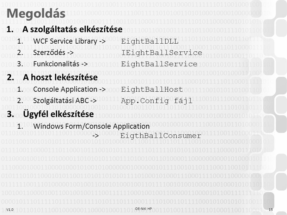 V1.0 Megoldás 1.A szolgáltatás elkészítése 1.WCF Service Library -> EightBallDLL 2.Szerződés -> IEightBallService 3.Funkcionalitás -> EightBallService 2.A hoszt lekészítése 1.Console Application -> EightBallHost 2.Szolgáltatási ABC -> App.Config fájl 3.Ügyfél elkészítése 1.Windows Form/Console Application -> EigthBallConsumer 15 OE-NIK HP