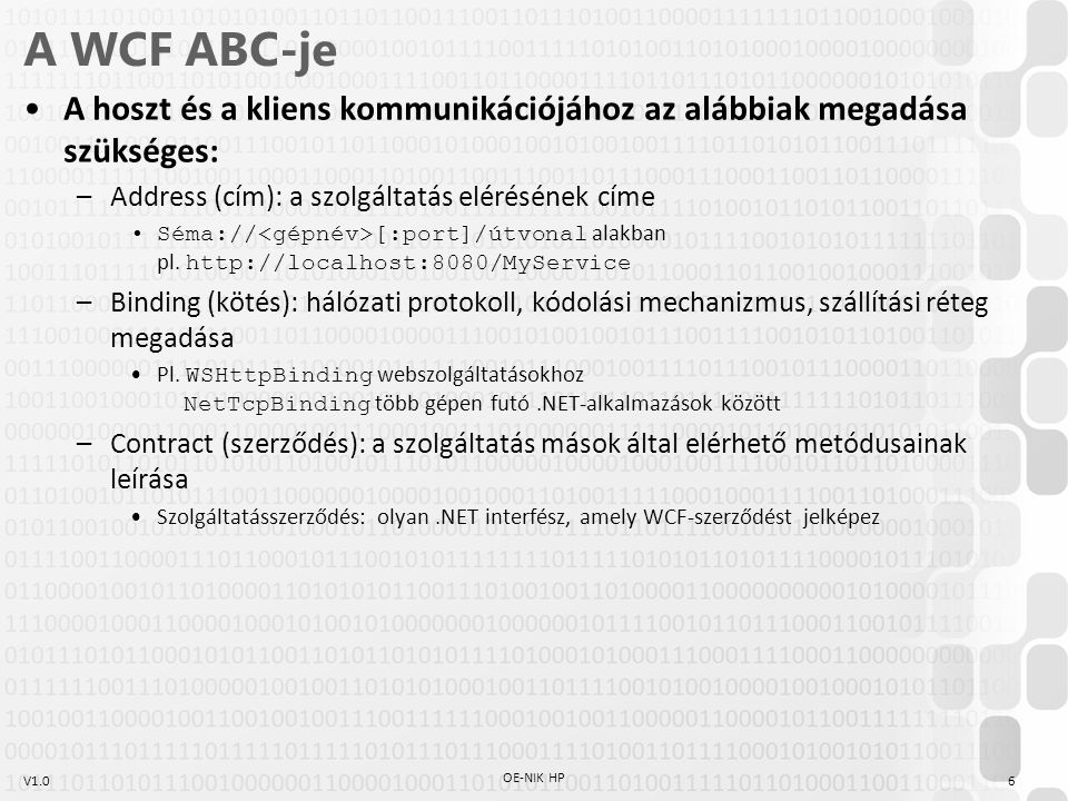 V1.0 A WCF ABC-je A hoszt és a kliens kommunikációjához az alábbiak megadása szükséges: –Address (cím): a szolgáltatás elérésének címe Séma:// [:port]/útvonal alakban pl.