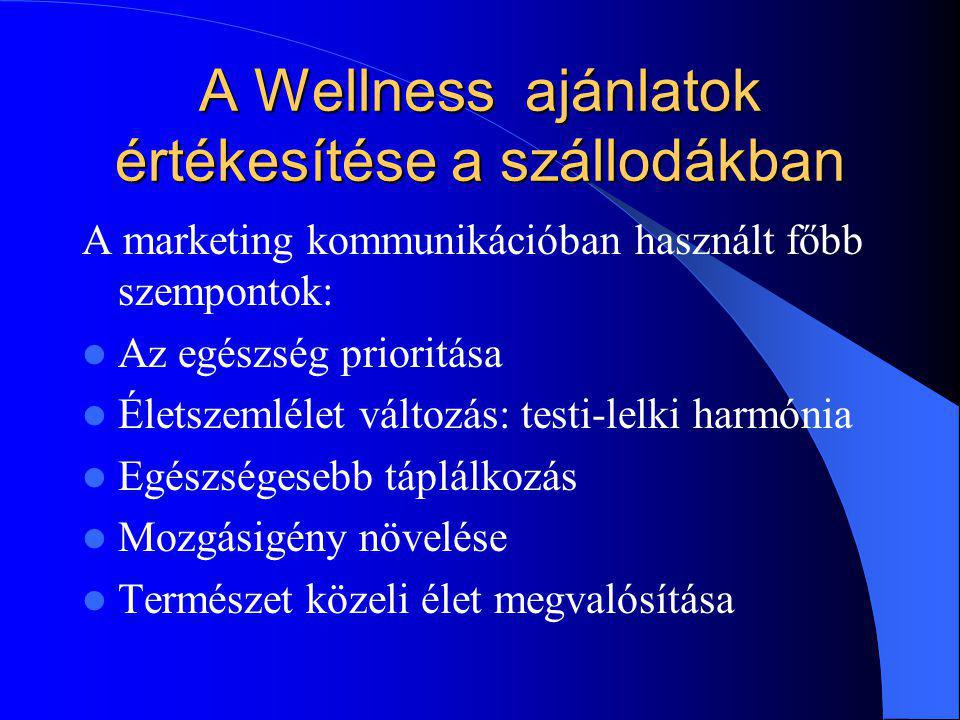 A Wellness ajánlatok értékesítése a szállodákban A marketing kommunikációban használt főbb szempontok: Az egészség prioritása Életszemlélet változás: testi-lelki harmónia Egészségesebb táplálkozás Mozgásigény növelése Természet közeli élet megvalósítása
