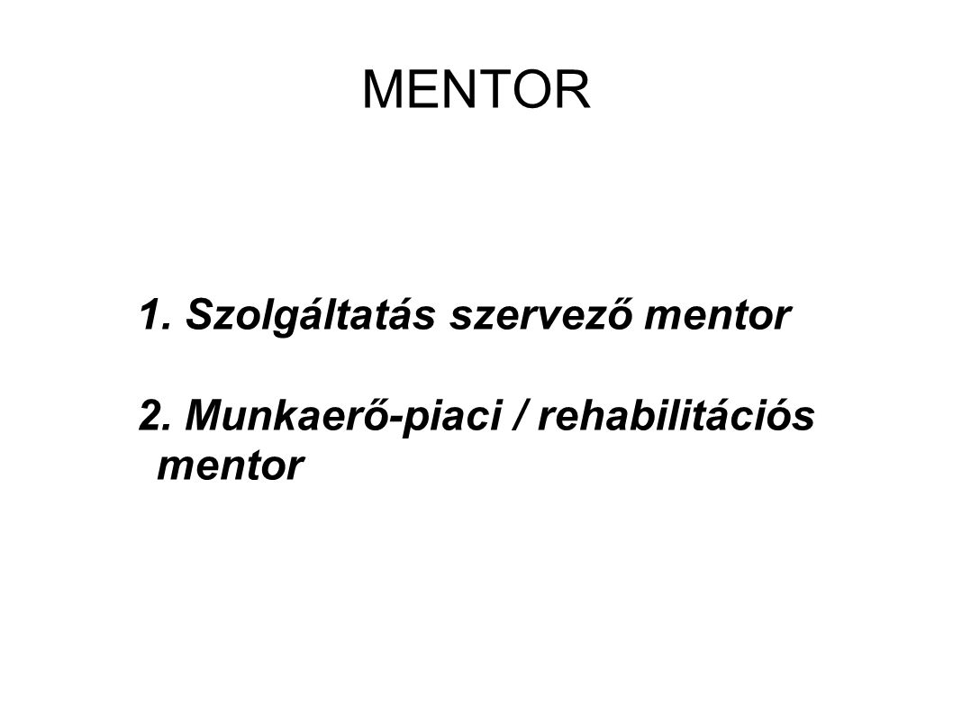 MENTOR 1. Szolgáltatás szervező mentor 2. Munkaerő-piaci / rehabilitációs mentor