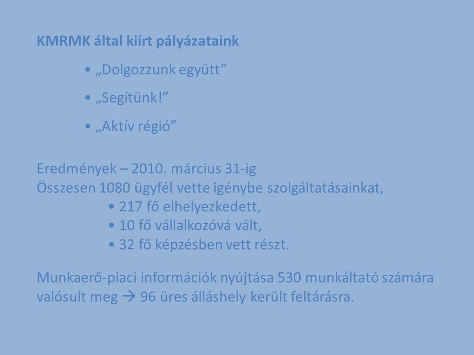 KMRMK által kiírt pályázataink „Dolgozzunk együtt „Segítünk! „Aktív régió Eredmények – 2010.