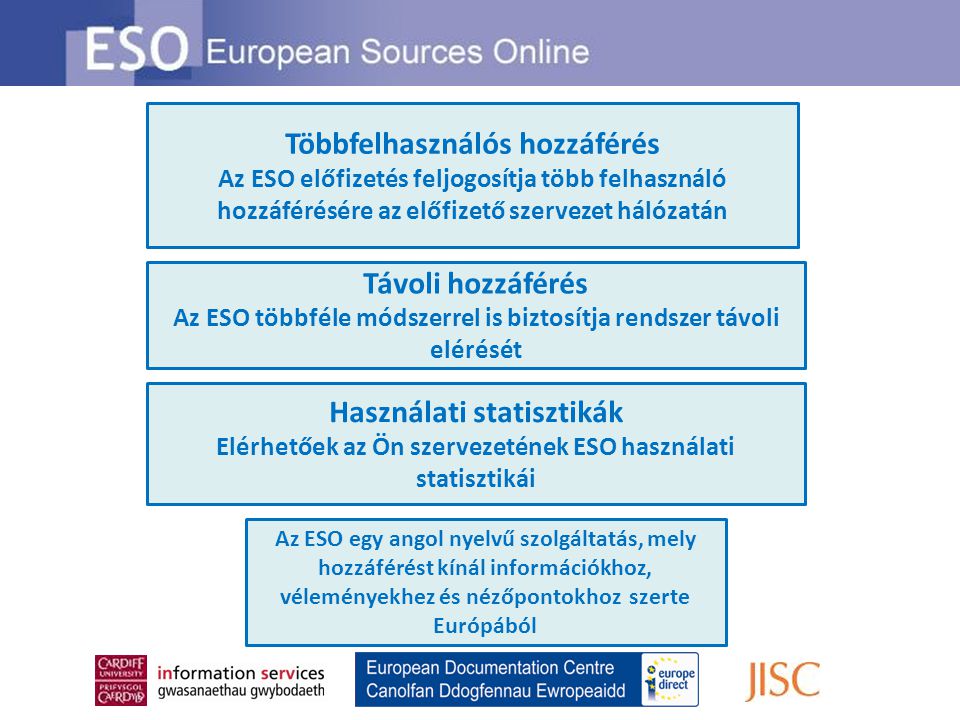 Távoli hozzáférés Az ESO többféle módszerrel is biztosítja rendszer távoli elérését Többfelhasználós hozzáférés Az ESO előfizetés feljogosítja több felhasználó hozzáférésére az előfizető szervezet hálózatán Használati statisztikák Elérhetőek az Ön szervezetének ESO használati statisztikái Az ESO egy angol nyelvű szolgáltatás, mely hozzáférést kínál információkhoz, véleményekhez és nézőpontokhoz szerte Európából