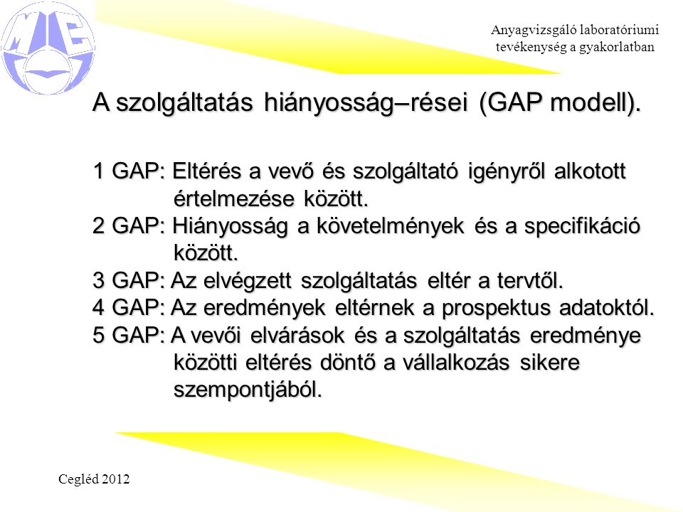 Cegléd 2012 Anyagvizsgáló laboratóriumi tevékenység a gyakorlatban A szolgáltatás hiányosság–rései (GAP modell).