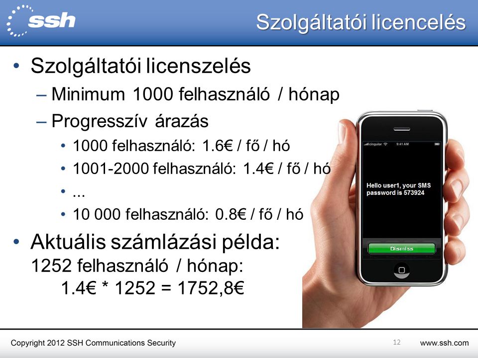 Szolgáltatói licencelés 12 Szolgáltatói licenszelés –Minimum 1000 felhasználó / hónap –Progresszív árazás 1000 felhasználó: 1.6€ / fő / hó felhasználó: 1.4€ / fő / hó...