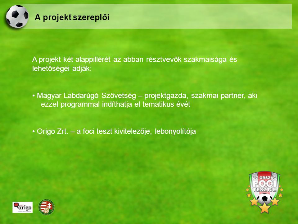 A projekt két alappillérét az abban résztvevők szakmaisága és lehetőségei adják: Magyar Labdarúgó Szövetség – projektgazda, szakmai partner, aki ezzel programmal indíthatja el tematikus évét Origo Zrt.