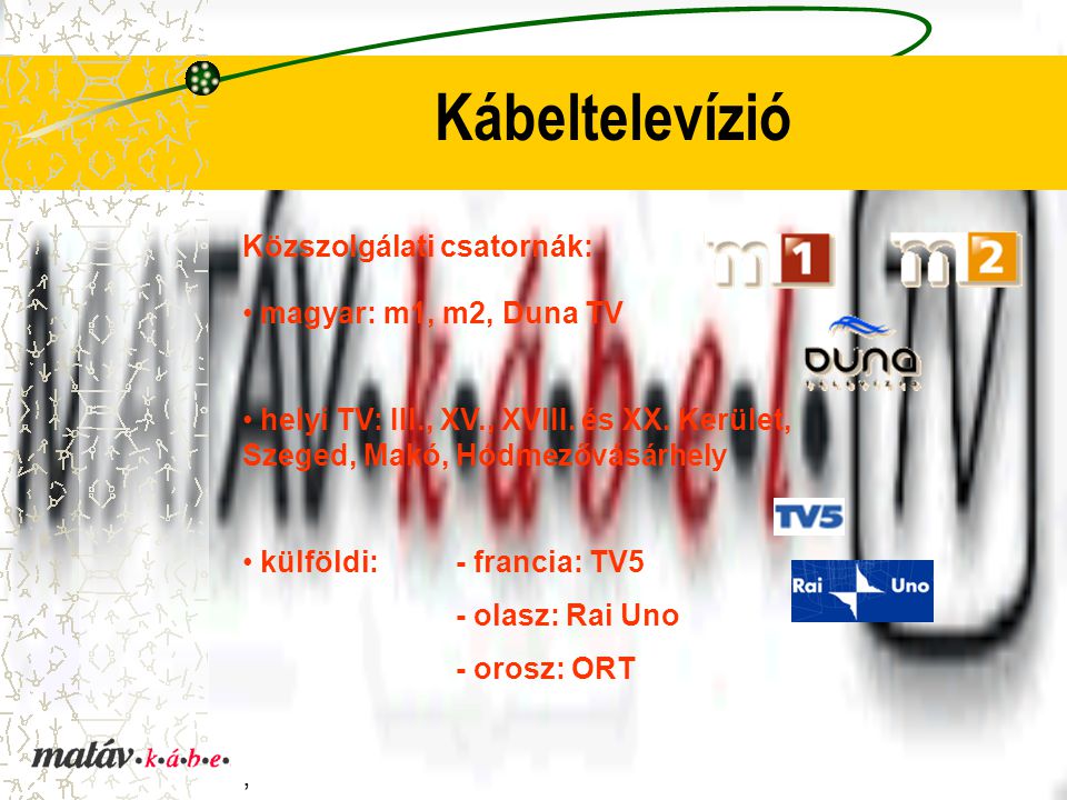 Kábeltelevízió Közszolgálati csatornák: magyar: m1, m2, Duna TV helyi TV: III., XV., XVIII.