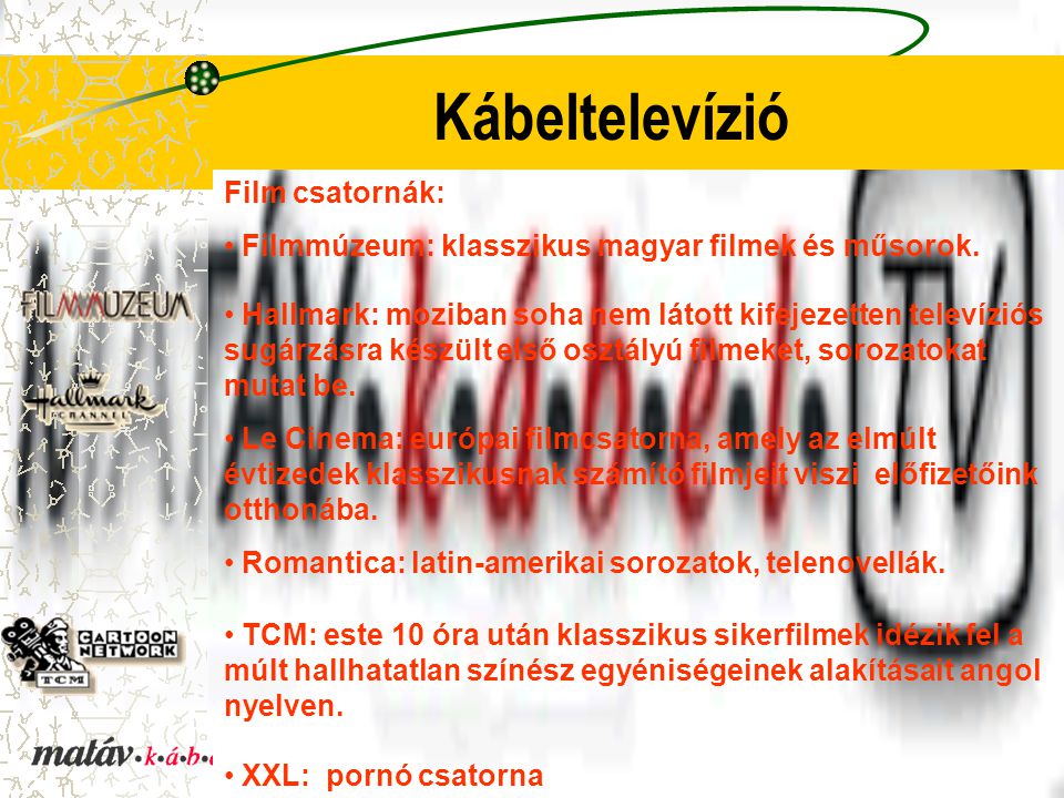 Kábeltelevízió Film csatornák: Filmmúzeum: klasszikus magyar filmek és műsorok.