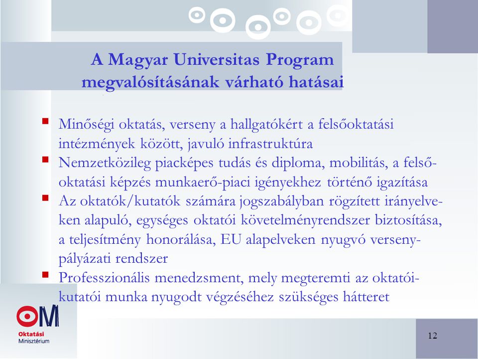 12 A Magyar Universitas Program megvalósításának várható hatásai  Minőségi oktatás, verseny a hallgatókért a felsőoktatási intézmények között, javuló infrastruktúra  Nemzetközileg piacképes tudás és diploma, mobilitás, a felső- oktatási képzés munkaerő-piaci igényekhez történő igazítása  Az oktatók/kutatók számára jogszabályban rögzített irányelve- ken alapuló, egységes oktatói követelményrendszer biztosítása, a teljesítmény honorálása, EU alapelveken nyugvó verseny- pályázati rendszer  Professzionális menedzsment, mely megteremti az oktatói- kutatói munka nyugodt végzéséhez szükséges hátteret