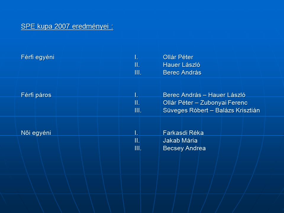 SPE kupa 2007 eredményei : Férfi egyéniI.Ollár Péter II.Hauer László III.Berec András Férfi páros I.