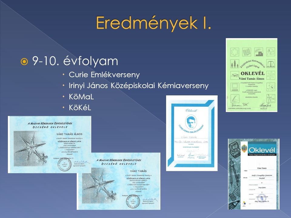  évfolyam  Curie Emlékverseny  Irinyi János Középiskolai Kémiaverseny  KöMaL  KöKéL