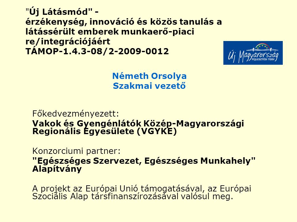 Új Látásmód - érzékenység, innováció és közös tanulás a látássérült emberek munkaerő-piaci re/integrációjáért TÁMOP / Németh Orsolya Szakmai vezető Főkedvezményezett: Vakok és Gyengénlátók Közép-Magyarországi Regionális Egyesülete (VGYKE) Konzorciumi partner: Egészséges Szervezet, Egészséges Munkahely Alapítvány A projekt az Európai Unió támogatásával, az Európai Szociális Alap társfinanszírozásával valósul meg.