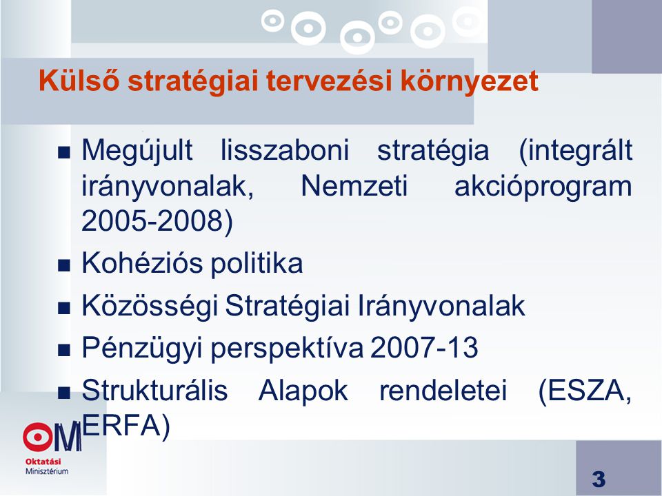 3 Külső stratégiai tervezési környezet n Megújult lisszaboni stratégia (integrált irányvonalak, Nemzeti akcióprogram ) n Kohéziós politika n Közösségi Stratégiai Irányvonalak n Pénzügyi perspektíva n Strukturális Alapok rendeletei (ESZA, ERFA)