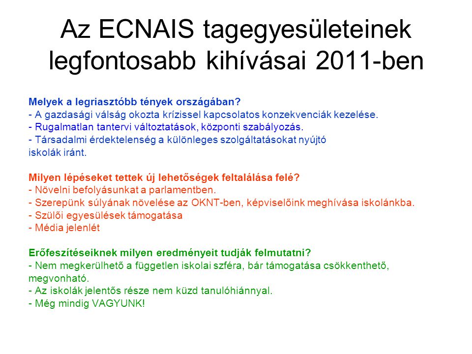 Az ECNAIS tagegyesületeinek legfontosabb kihívásai 2011-ben Melyek a legriasztóbb tények országában.