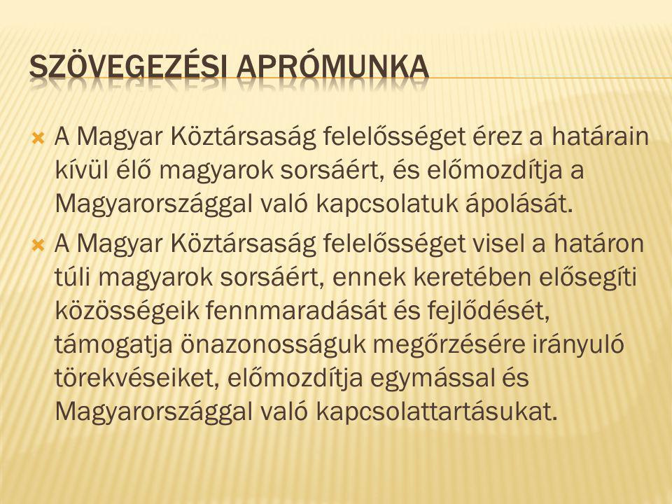  A Magyar Köztársaság felelősséget érez a határain kívül élő magyarok sorsáért, és előmozdítja a Magyarországgal való kapcsolatuk ápolását.