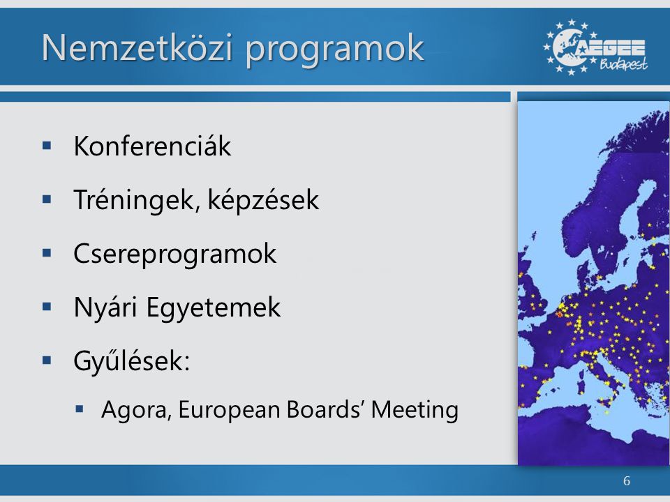 Nemzetközi programok  Konferenciák  Tréningek, képzések  Csereprogramok  Nyári Egyetemek  Gyűlések:  Agora, European Boards’ Meeting 6