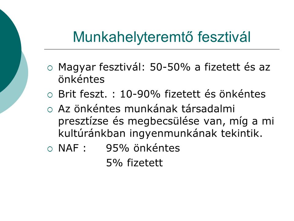 Munkahelyteremtő fesztivál  Magyar fesztivál: 50-50% a fizetett és az önkéntes  Brit feszt.