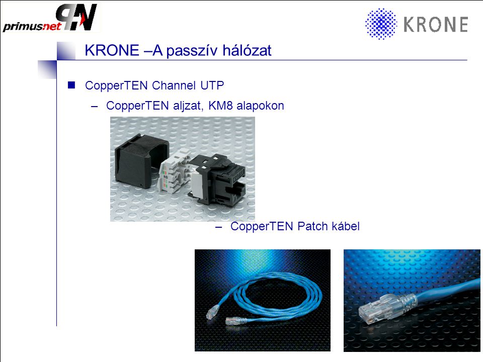 KRONE 3/98 Folie 13 KRONE –A passzív hálózat CopperTEN Channel UTP – Patch panel