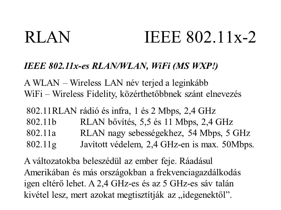 RLAN IEEE x-2 IEEE x-es RLAN/WLAN, WiFi (MS WXP!) A WLAN – Wireless LAN név terjed a leginkább WiFi – Wireless Fidelity, közérthetőbbnek szánt elnevezés RLAN rádió és infra, 1 és 2 Mbps, 2,4 GHz bRLAN bővítés, 5,5 és 11 Mbps, 2,4 GHz aRLAN nagy sebességekhez, 54 Mbps, 5 GHz gJavított védelem, 2,4 GHz-en is max.