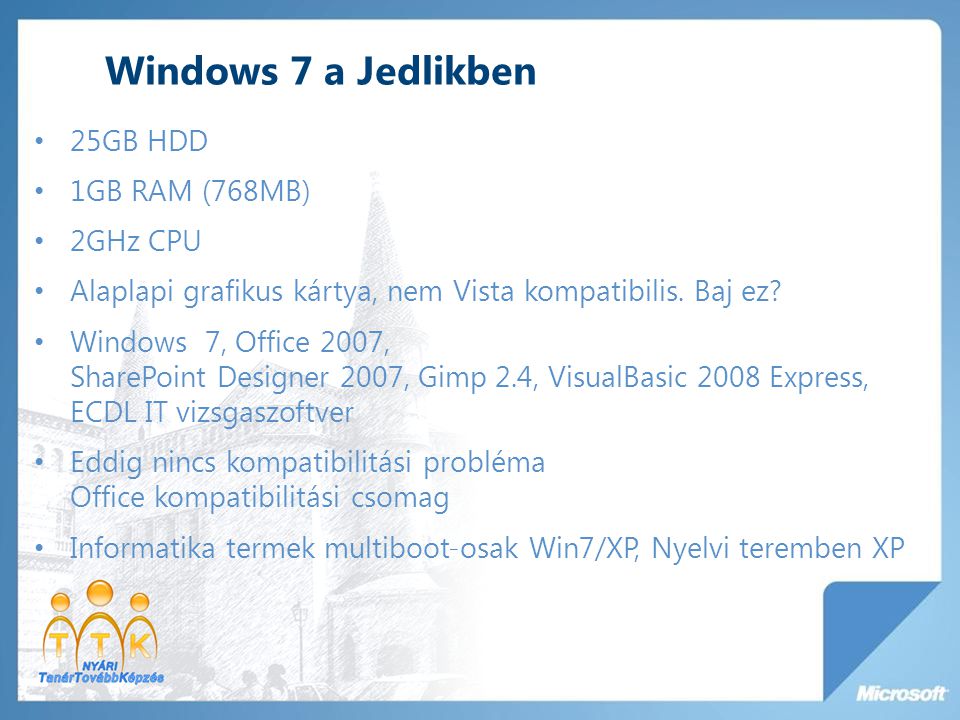 Windows 7 a Jedlikben 25GB HDD 1GB RAM (768MB) 2GHz CPU Alaplapi grafikus kártya, nem Vista kompatibilis.
