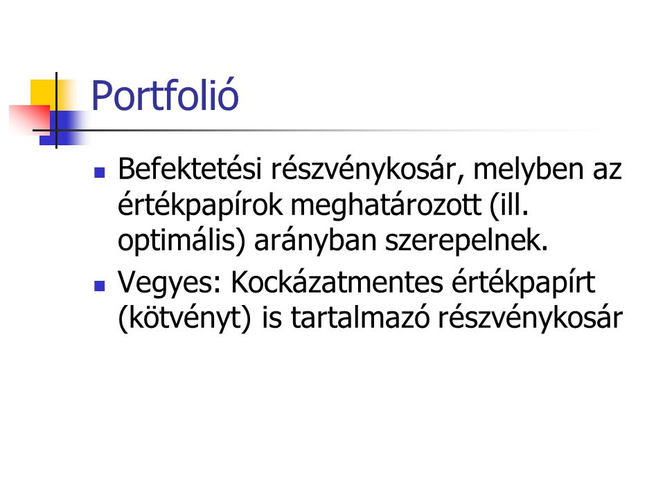 Portfolió Befektetési részvénykosár, melyben az értékpapírok meghatározott (ill.