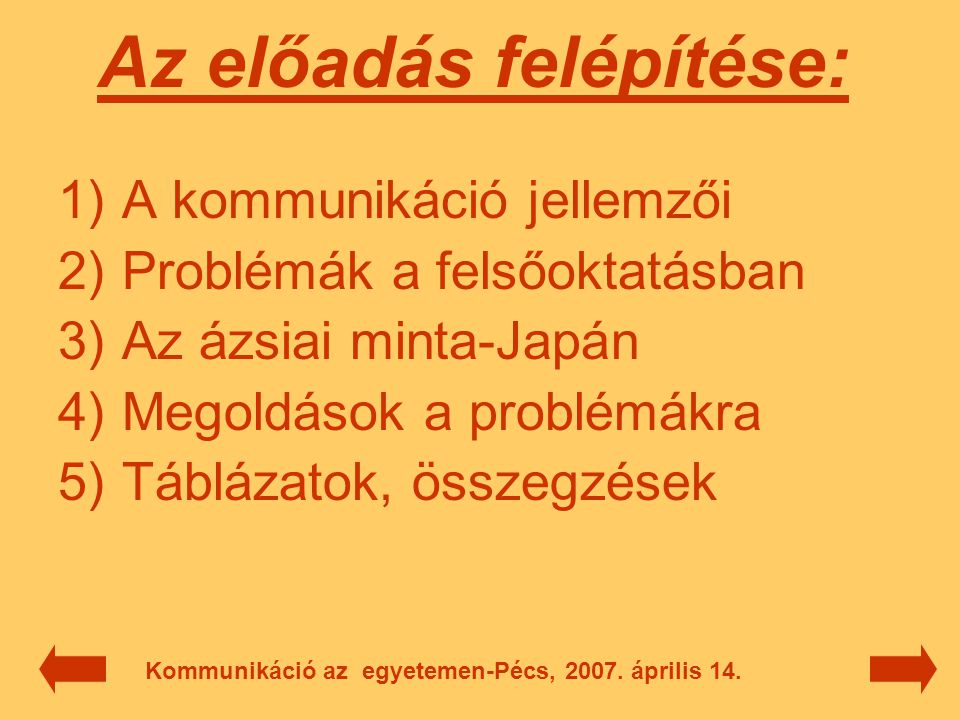 Az előadás felépítése:  A kommunikáció jellemzői  Problémák a felsőoktatásban  Az ázsiai minta-Japán  Megoldások a problémákra  Táblázatok, összegzések Kommunikáció az egyetemen-Pécs, 2007.