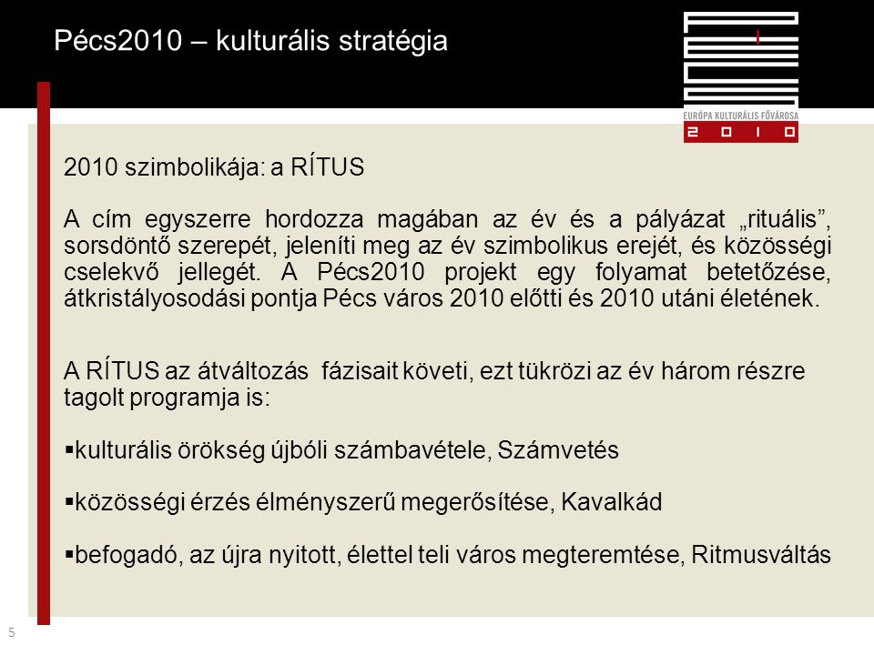 Pécs2010 – kulturális stratégia szimbolikája: a RÍTUS A cím egyszerre hordozza magában az év és a pályázat „rituális , sorsdöntő szerepét, jeleníti meg az év szimbolikus erejét, és közösségi cselekvő jellegét.
