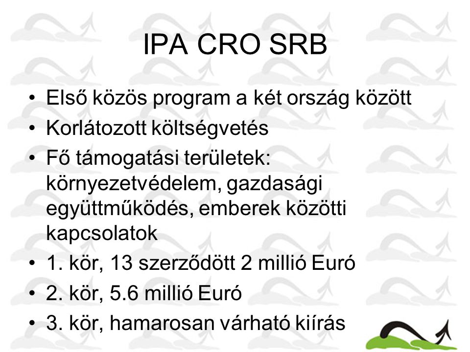 IPA CRO SRB Első közös program a két ország között Korlátozott költségvetés Fő támogatási területek: környezetvédelem, gazdasági együttműködés, emberek közötti kapcsolatok 1.