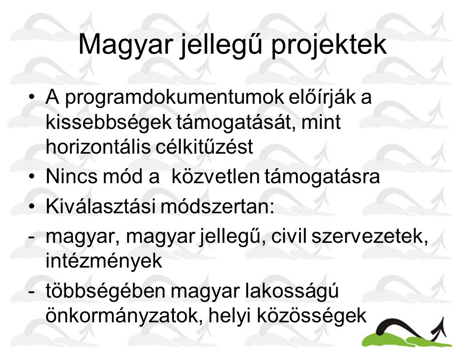 Magyar jellegű projektek A programdokumentumok előírják a kissebbségek támogatását, mint horizontális célkitűzést Nincs mód a közvetlen támogatásra Kiválasztási módszertan: -magyar, magyar jellegű, civil szervezetek, intézmények -többségében magyar lakosságú önkormányzatok, helyi közösségek