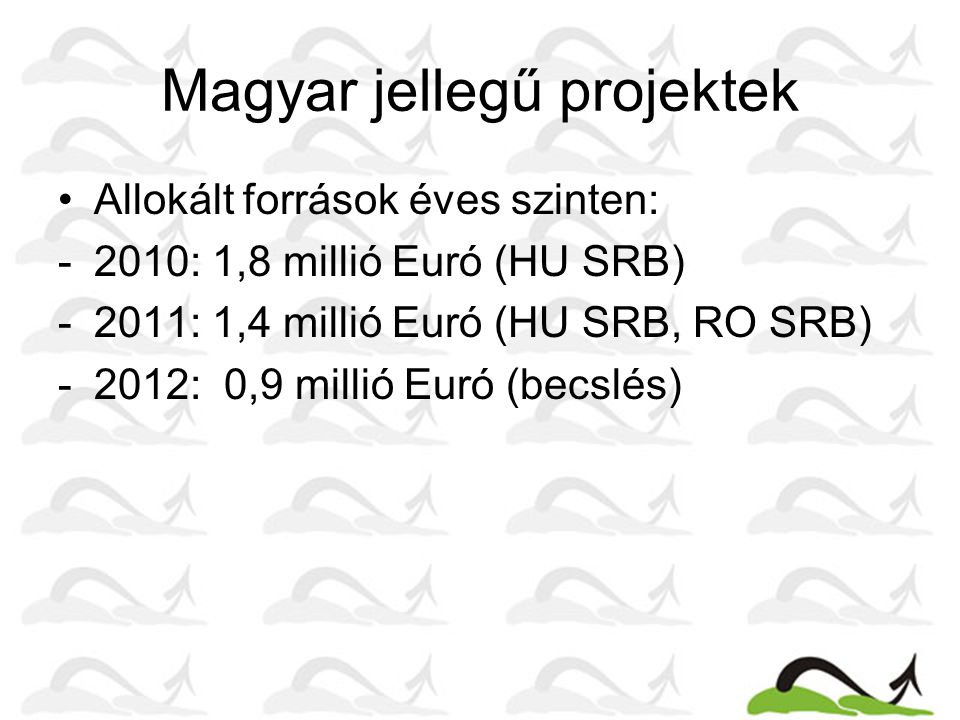 Magyar jellegű projektek Allokált források éves szinten: -2010: 1,8 millió Euró (HU SRB) -2011: 1,4 millió Euró (HU SRB, RO SRB) -2012: 0,9 millió Euró (becslés)