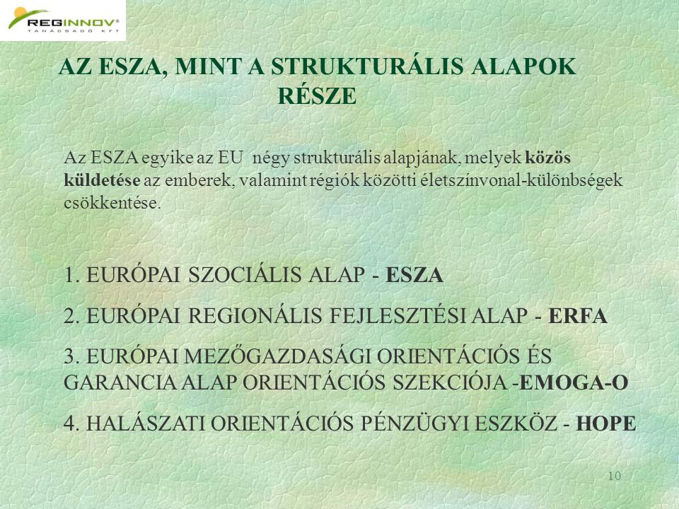 10 AZ ESZA, MINT A STRUKTURÁLIS ALAPOK RÉSZE Az ESZA egyike az EU négy strukturális alapjának, melyek közös küldetése az emberek, valamint régiók közötti életszínvonal-különbségek csökkentése.