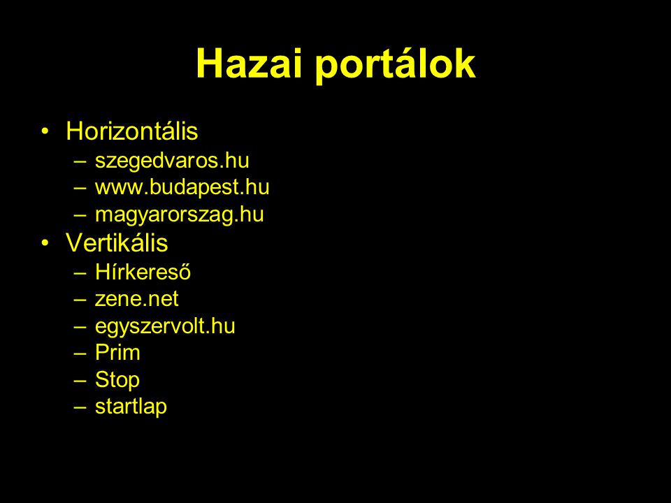 Hazai portálok Horizontális –szegedvaros.hu –  –magyarorszag.hu Vertikális –Hírkereső –zene.net –egyszervolt.hu –Prim –Stop –startlap