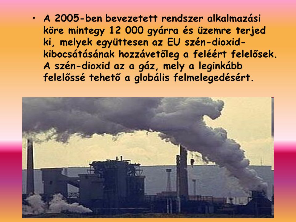 A 2005-ben bevezetett rendszer alkalmazási köre mintegy gyárra és üzemre terjed ki, melyek együttesen az EU szén-dioxid- kibocsátásának hozzávetőleg a feléért felelősek.
